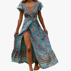 R.Vivimos Short Sleeve Floral Print Bohemian Beach Waist Tie Wrap Dress w/ Slit